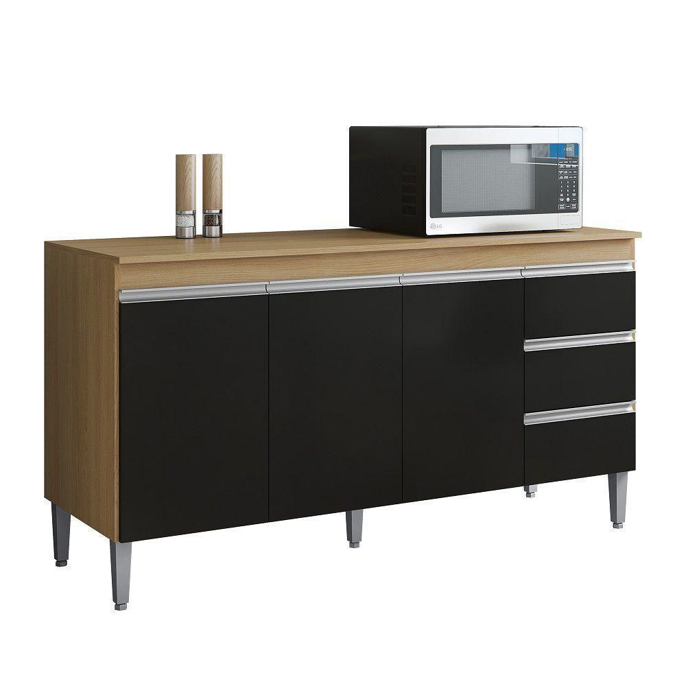 Balcão De Cozinha Andréia 150cm 3 Portas 3 Gavetas Com Tampo - Ajl Móveis Amêndoa Preto - 1