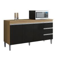 Balcão De Cozinha Andréia 150cm 3 Portas 3 Gavetas Com Tampo - Ajl Móveis Amêndoa Preto - 1