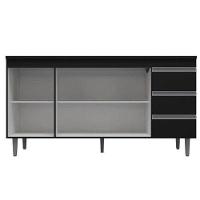 Balcão De Cozinha Andréia 150cm 3 Portas 3 Gavetas Com Tampo - Ajl Móveis Amêndoa Preto - 2
