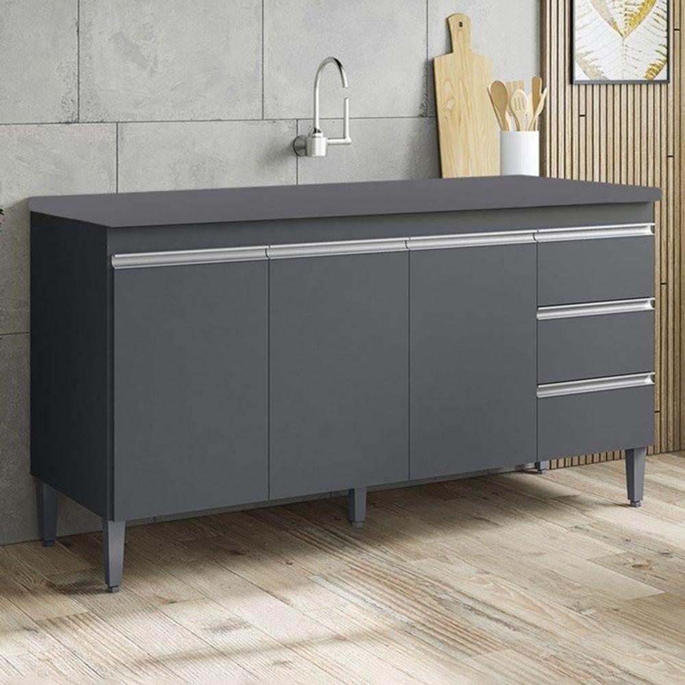 Balcão De Cozinha Andréia 150cm 3 Portas 3 Gavetas Com Tampo - Ajl Móveis Cinza - 2