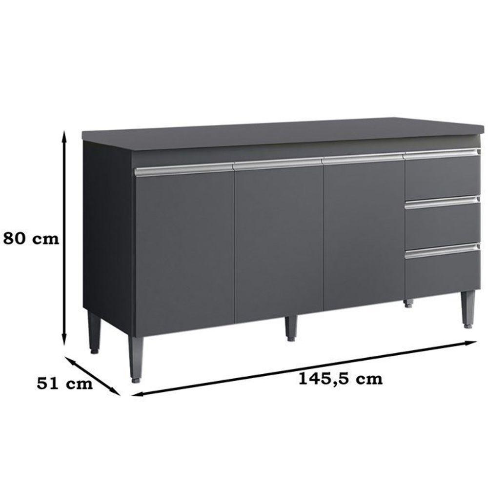 Balcão De Cozinha Andréia 150cm 3 Portas 3 Gavetas Com Tampo - Ajl Móveis Cinza - 3