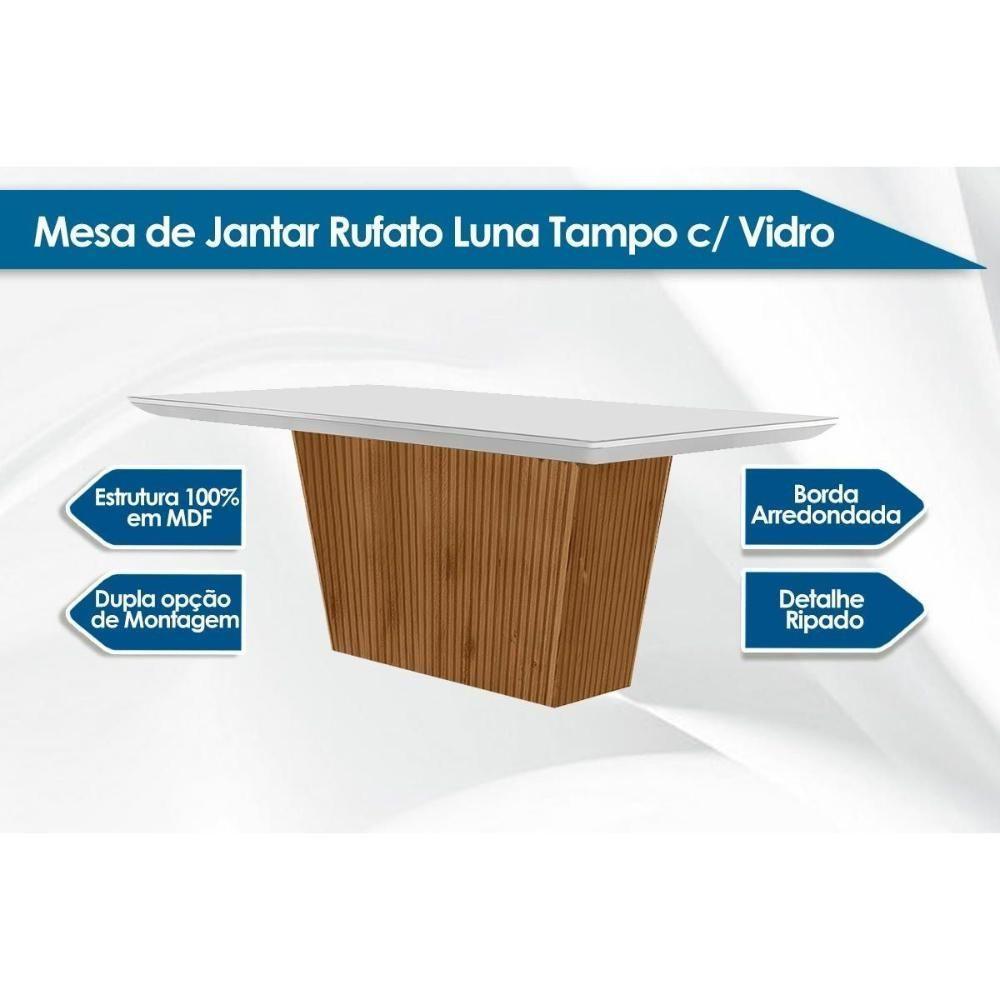 Mesa De Sala Jantar Luna C- Tampo 180x90cm Madeirado Vidro Canto Curvo - Imbuia-ripado 3d-off White - Rufato - 2