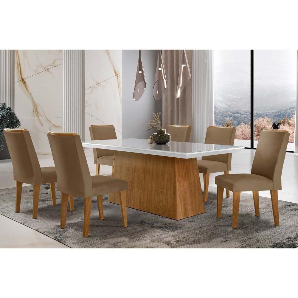 Mesa De Sala Jantar Luna C- Tampo 180x90cm Madeirado Vidro Canto Curvo - Imbuia-ripado 3d-off White - Rufato - 6