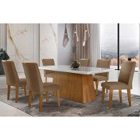 Mesa De Sala Jantar Luna C- Tampo 180x90cm Madeirado Vidro Canto Curvo - Imbuia-ripado 3d-off White - Rufato - 6