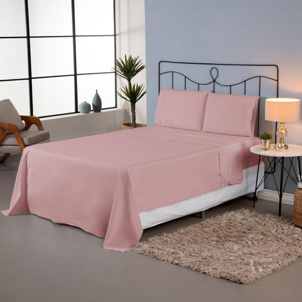 Jogo De Lençol Ponto Palito Completo 4 Peças Casal 80% Algodão - 20% Poliéster Percal 140 Fios Cor:rosê - 2