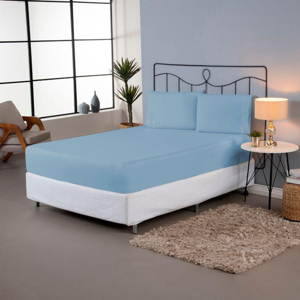 Jogo De Lençol Ponto Palito Simples 3 Peças Queen 80% Algodão - 20% Poliéster Percal 140 Fios Cor:azul - 2