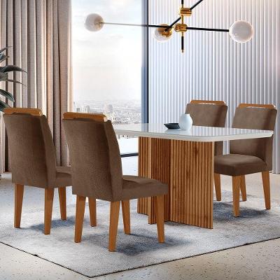 Sala de Jantar Olimpia 4 Lugares Tampo de Vidro Canto Copo Marrom Off White e Imbuia 120cm