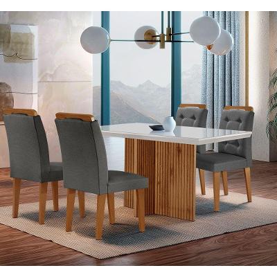 Sala de Jantar Olimpia 4 Lugares Tampo de Vidro com Cadeiras Carol Grafite Off White e Imbuia 120cm