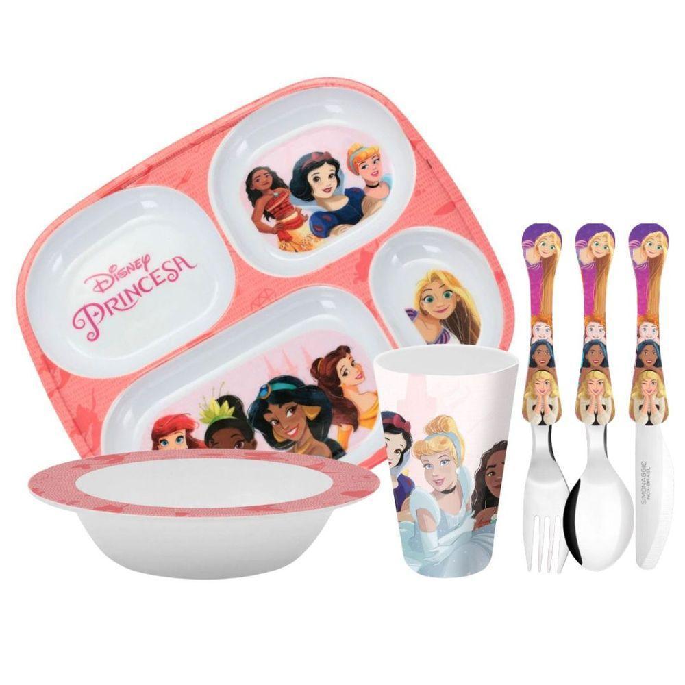 Kit Refeição Infantil Princesas Disney 6 Peças Prato Divisória, Tigela, Copo E Talheres - Tuut - 1