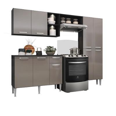 Cozinha Compacta Mp3412 9 Portas 1 Gaveta Mdf 228 cm Preto e Lacca Fumê