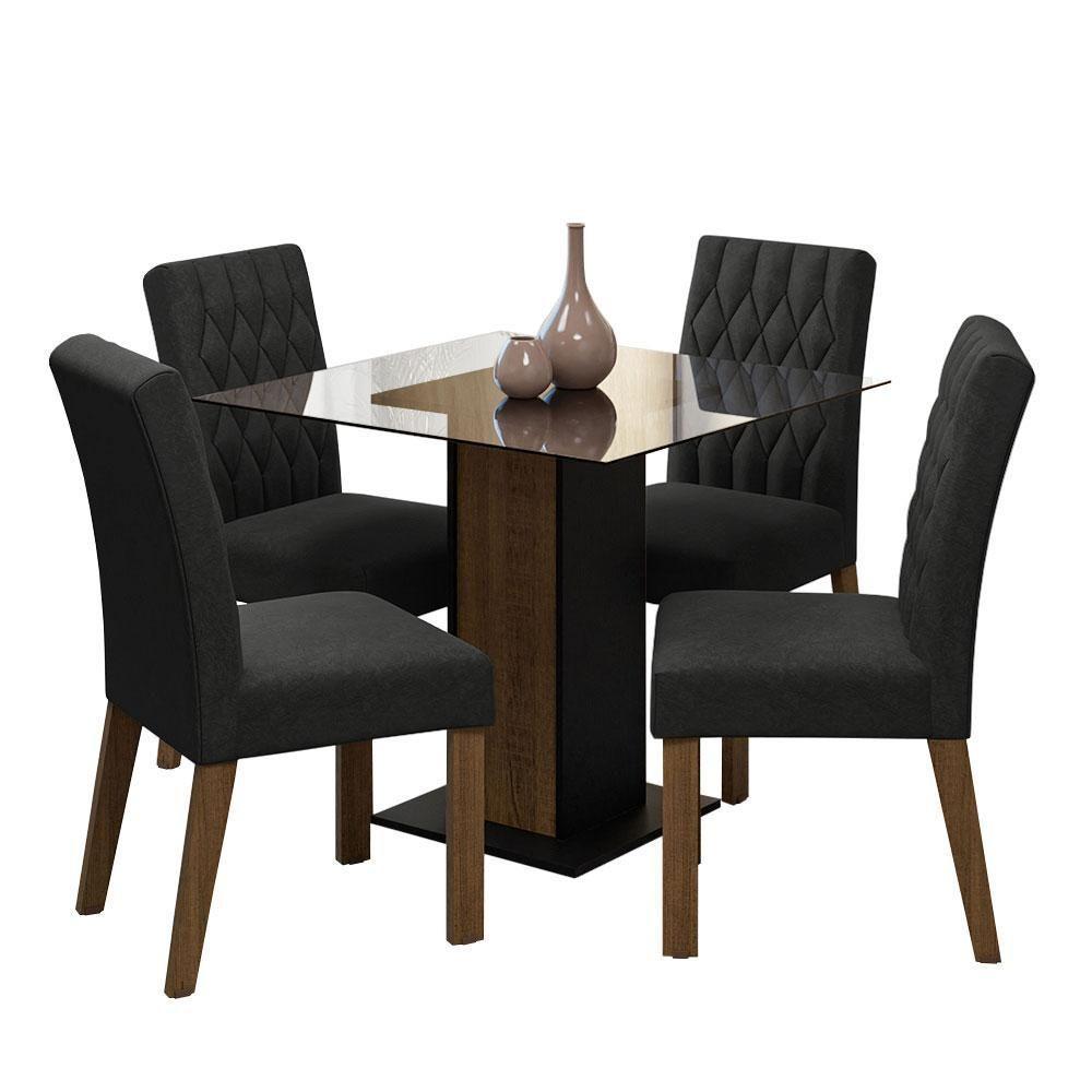 Conjunto Sala De Jantar Mesa Tampo De Vidro 4 Cadeiras Rustic Preto Oxford Noemi Madesa - 2