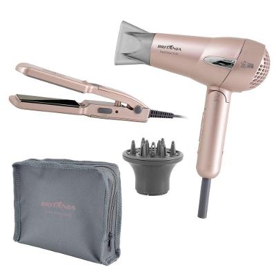 Kit Secador e Prancha Britânia Travel Rose Gold com Tecnologia Iônica Bivolt