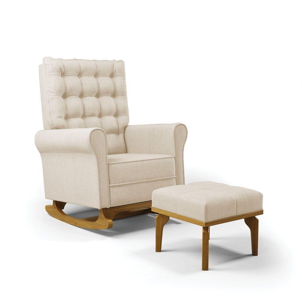Poltrona De Amamentação Com Balanço E Puff Manu Linho Base De Madeira - D'rossi Cor Bege - 1