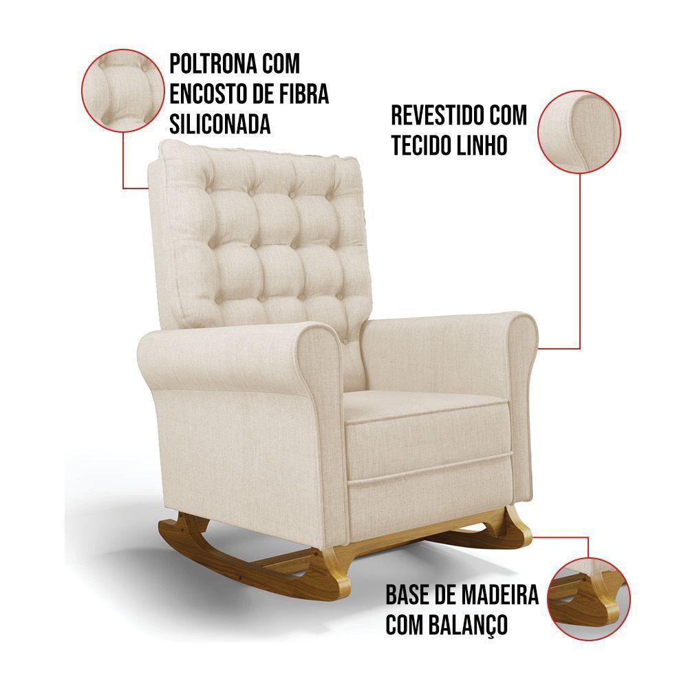 Poltrona De Amamentação Com Balanço E Puff Manu Linho Base De Madeira - D'rossi Cor Bege - 4