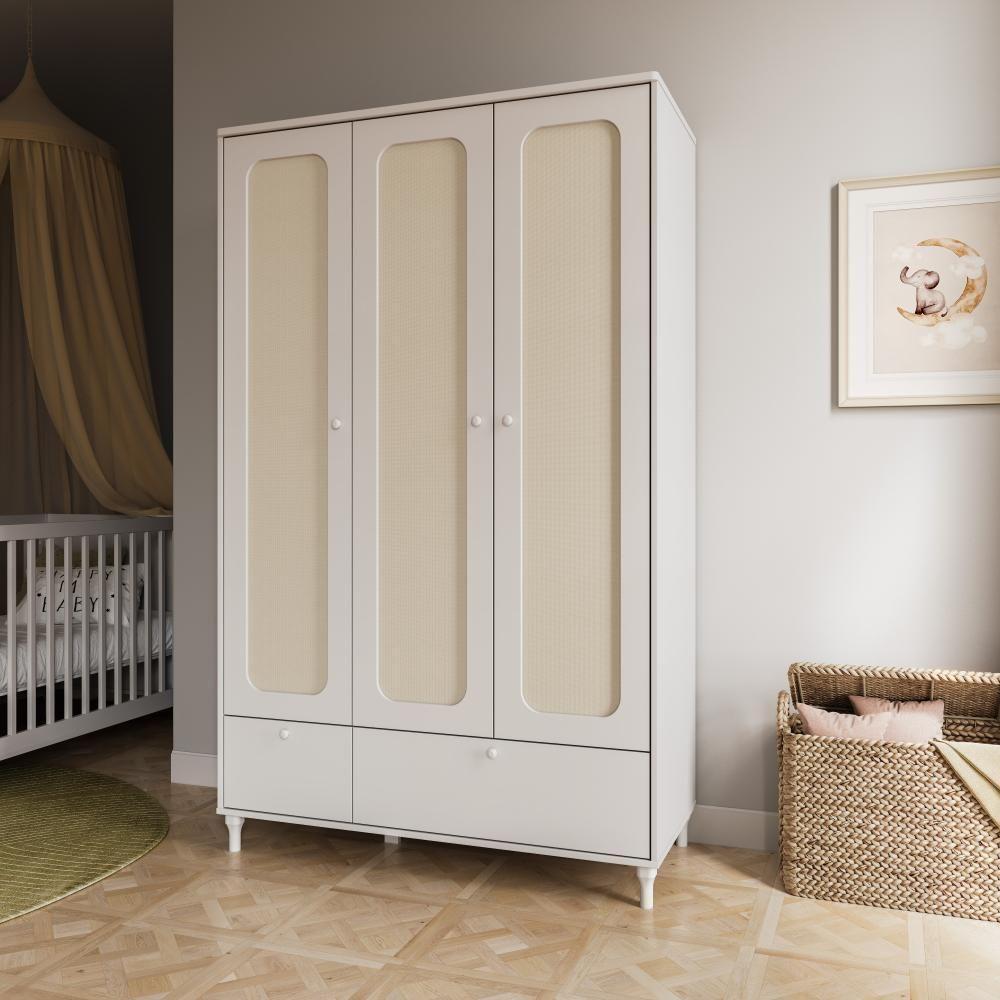 Quarto Bebê Completo Berço Cômoda Guarda Roupa Fofura Rattan Branco - 8