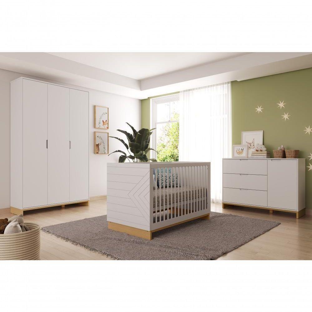 Quarto Bebê 3 Pçs Berço Cômoda Grande E Roupeiro Linha Cubo Branco Plátano - 1