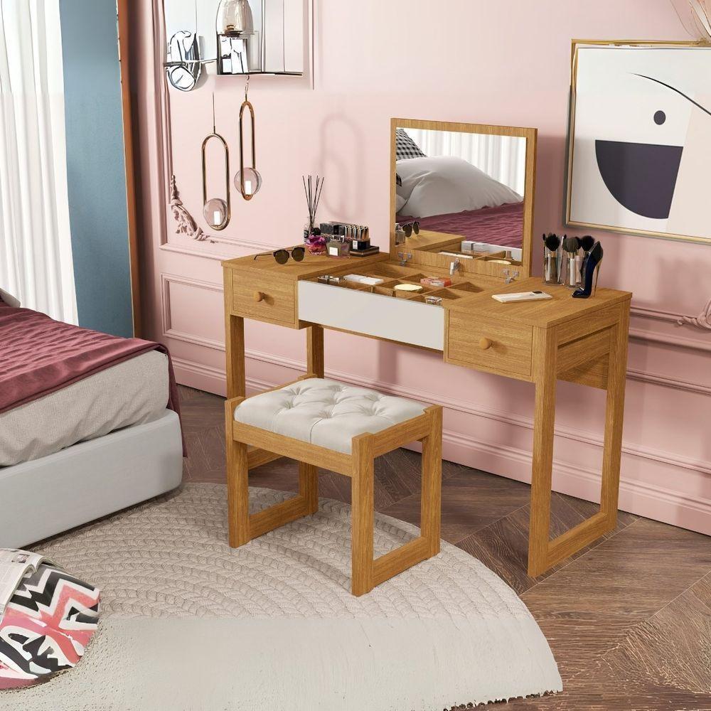 Escrivaninha Penteadeira Com Espelho E Banqueta Luanda Fenix Cinamomo-off White - 4