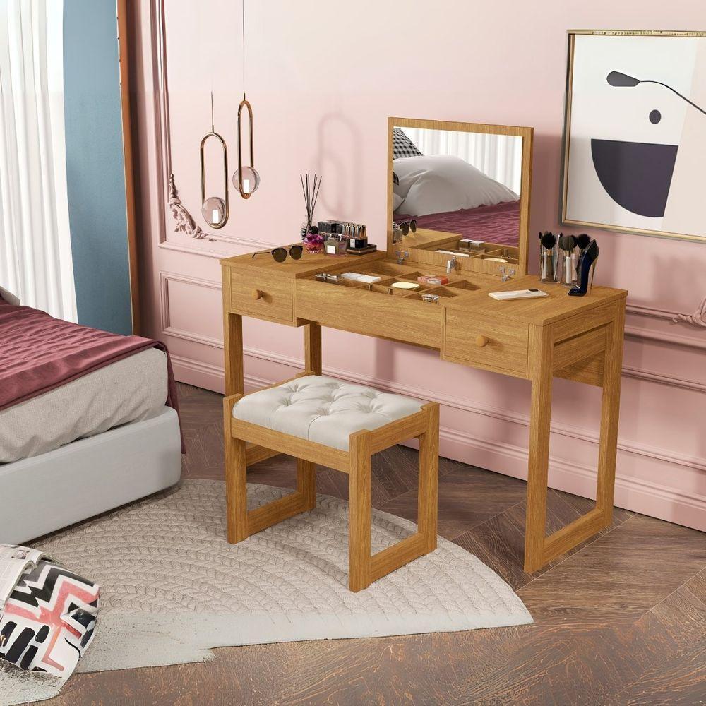 Escrivaninha Penteadeira Com Espelho E Banqueta Luanda Fenix Cinamomo - 4