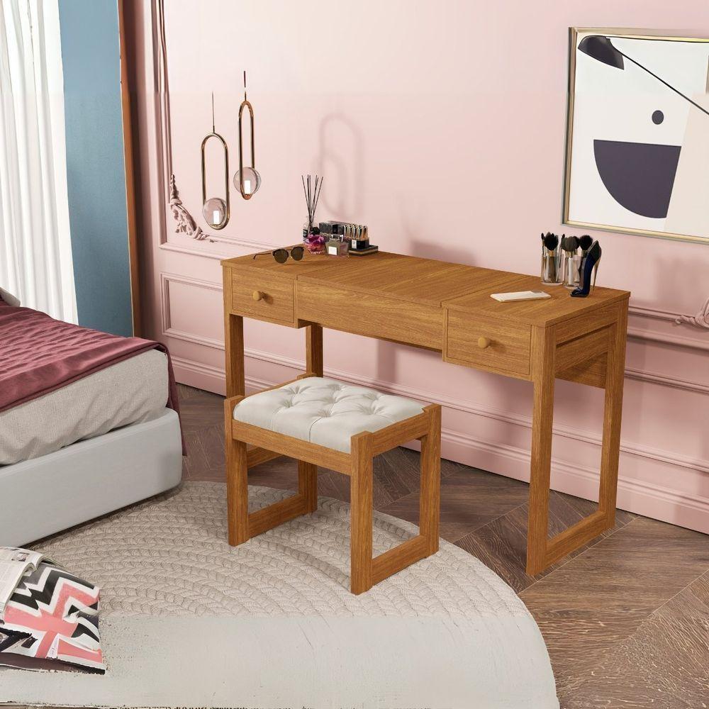 Escrivaninha Penteadeira Com Espelho E Banqueta Luanda Fenix Nature - 2