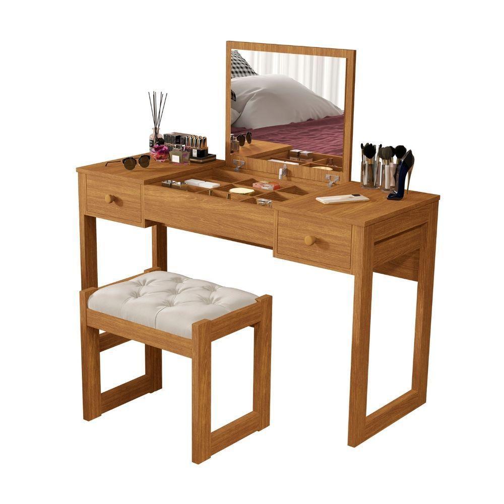 Escrivaninha Penteadeira Com Espelho E Banqueta Luanda Fenix Nature - 3