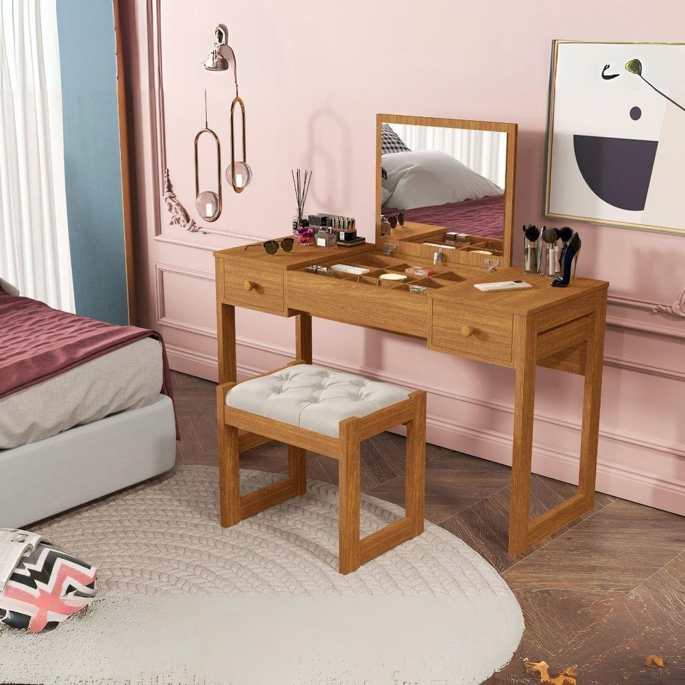 Escrivaninha Penteadeira Com Espelho E Banqueta Luanda Fenix Nature - 4