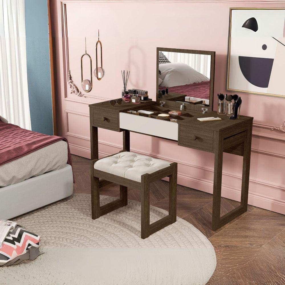 Escrivaninha Penteadeira Com Espelho E Banqueta Luanda Fenix Legno-off White - 4