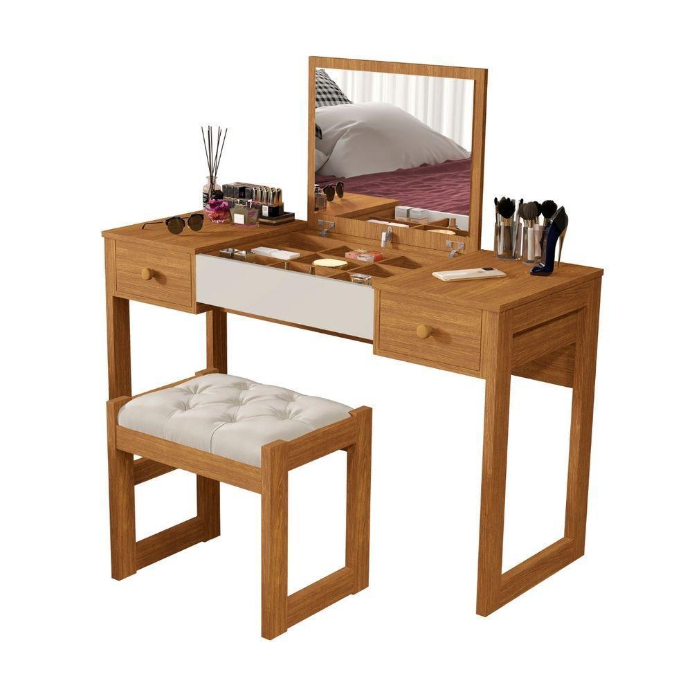 Escrivaninha Penteadeira Com Espelho E Banqueta Luanda Fenix Nature-off White - 1