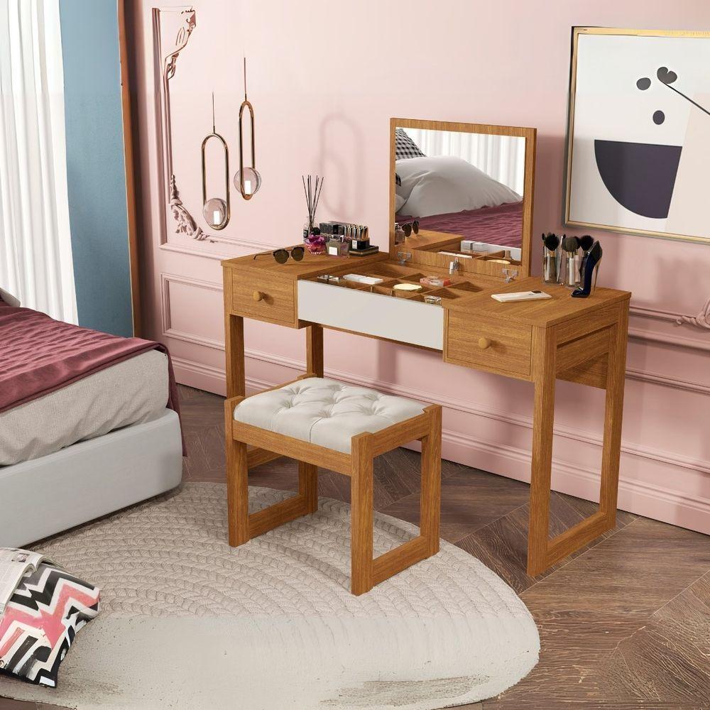 Escrivaninha Penteadeira Com Espelho E Banqueta Luanda Fenix Nature-off White - 2