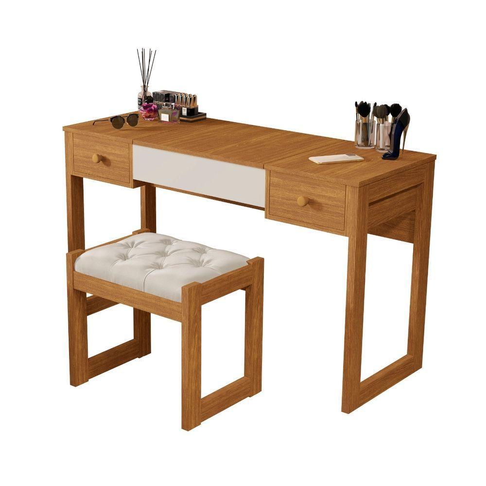 Escrivaninha Penteadeira Com Espelho E Banqueta Luanda Fenix Nature-off White - 3