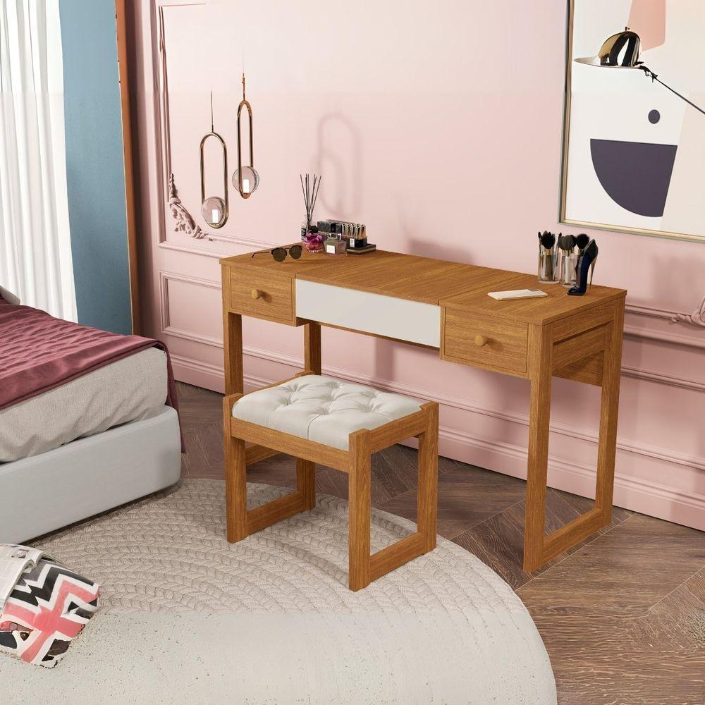 Escrivaninha Penteadeira Com Espelho E Banqueta Luanda Fenix Nature-off White - 4