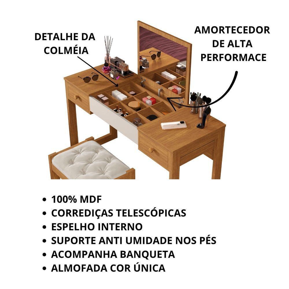 Escrivaninha Penteadeira Com Espelho E Banqueta Luanda Fenix Nature-off White - 5