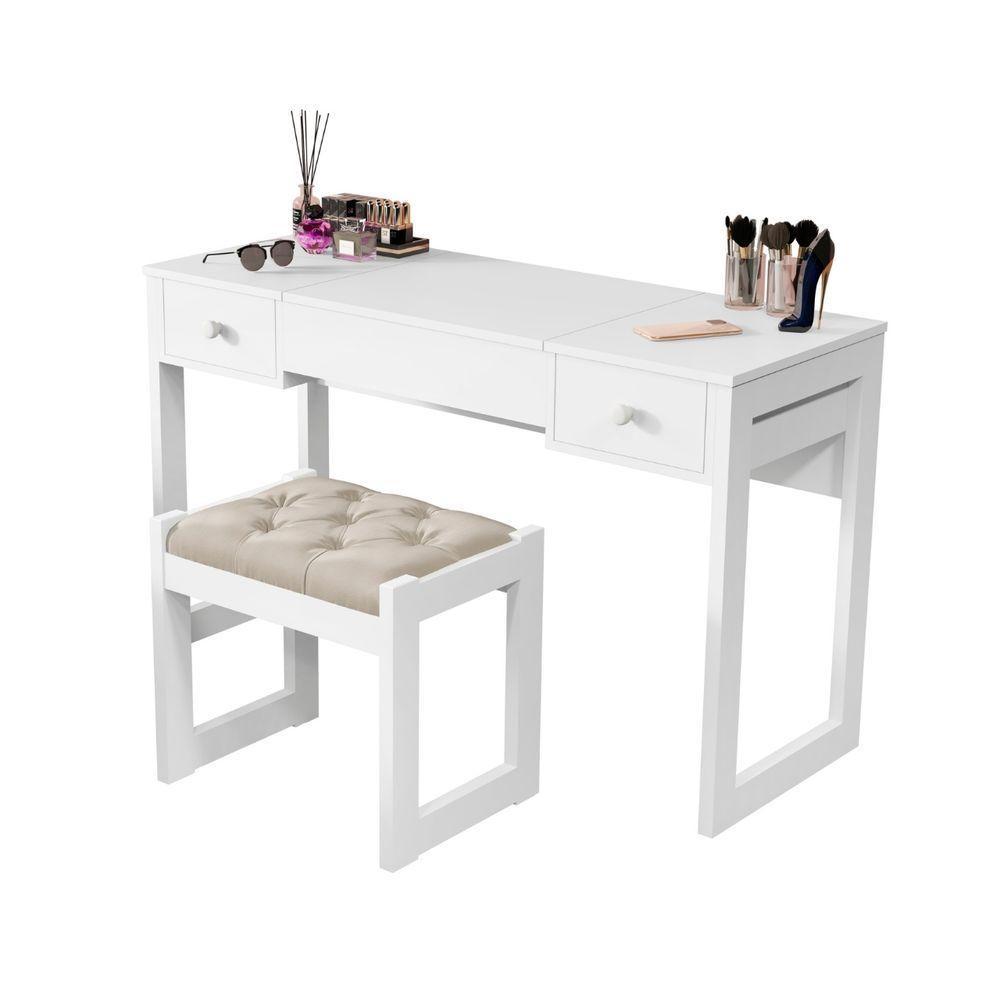 Escrivaninha Penteadeira Com Espelho E Banqueta Luanda Fenix Branco - 2