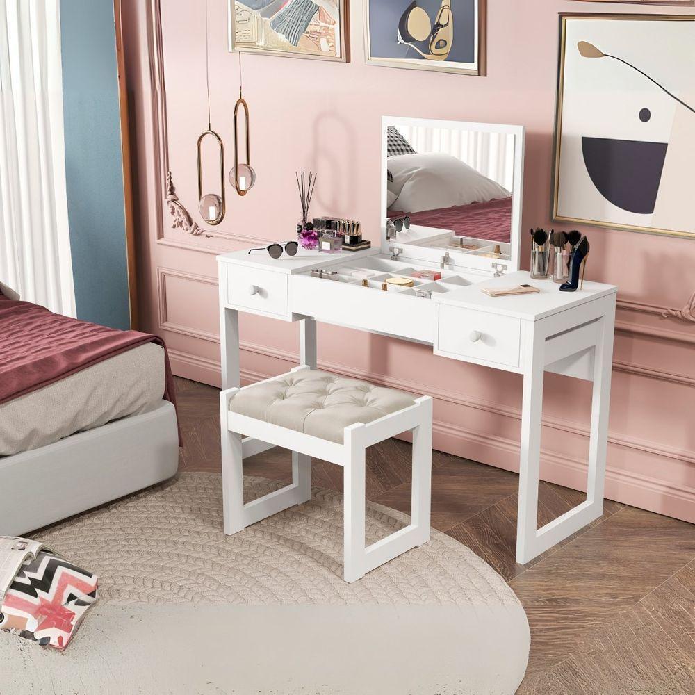 Escrivaninha Penteadeira Com Espelho E Banqueta Luanda Fenix Branco - 3