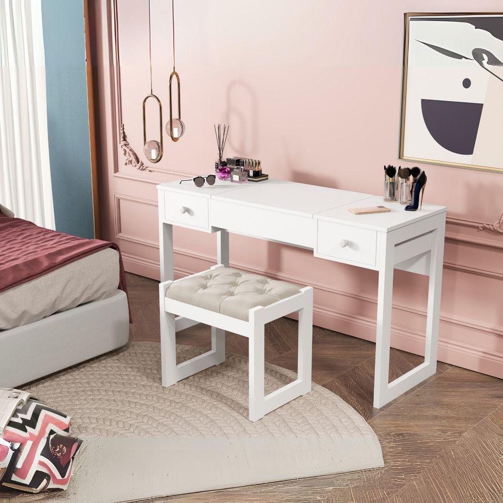 Escrivaninha Penteadeira Com Espelho E Banqueta Luanda Fenix Branco - 4