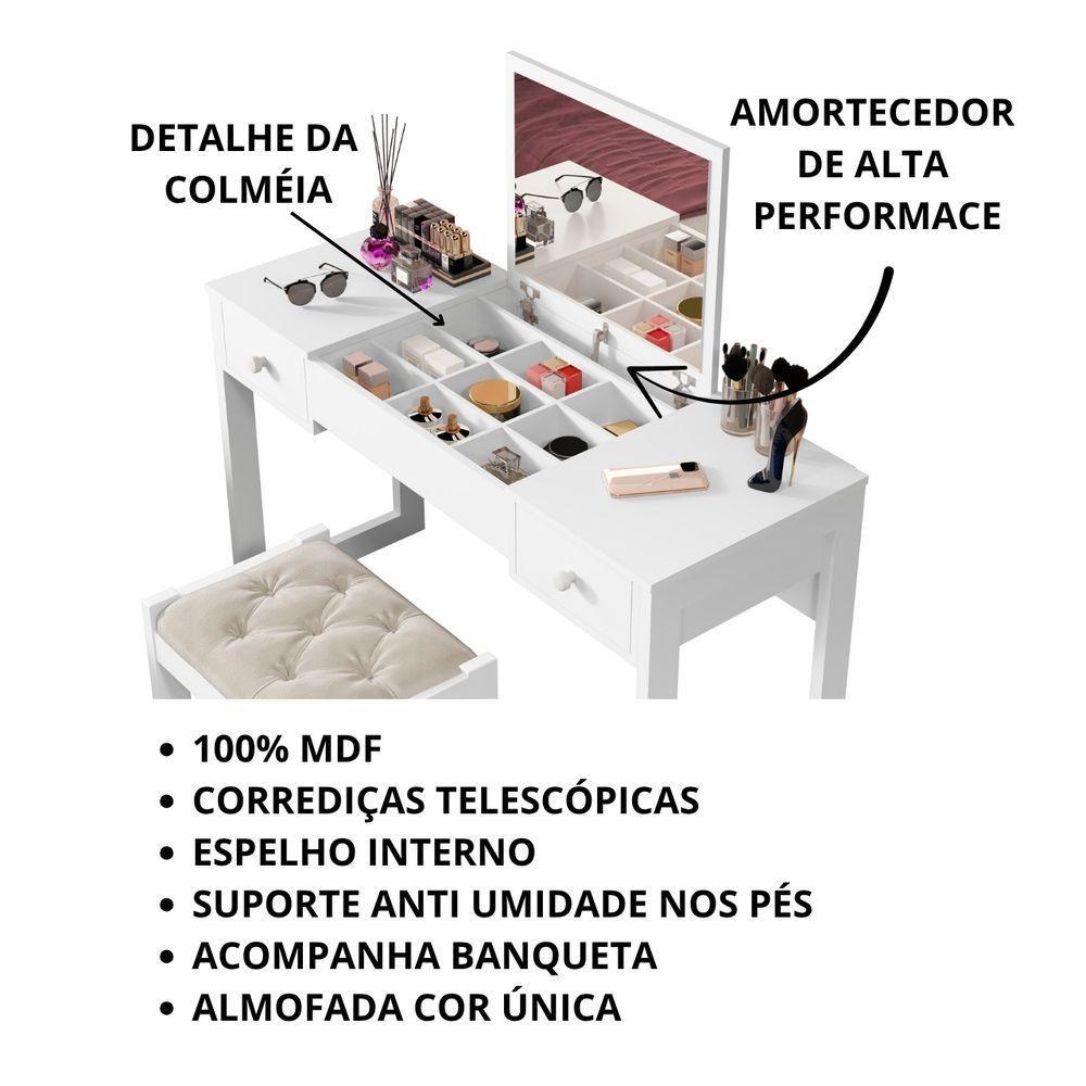Escrivaninha Penteadeira Com Espelho E Banqueta Luanda Fenix Branco - 5