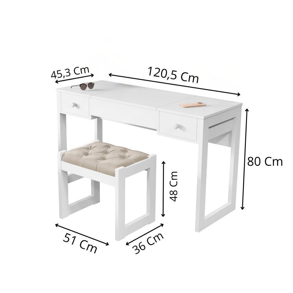 Escrivaninha Penteadeira Com Espelho E Banqueta Luanda Fenix Branco - 6
