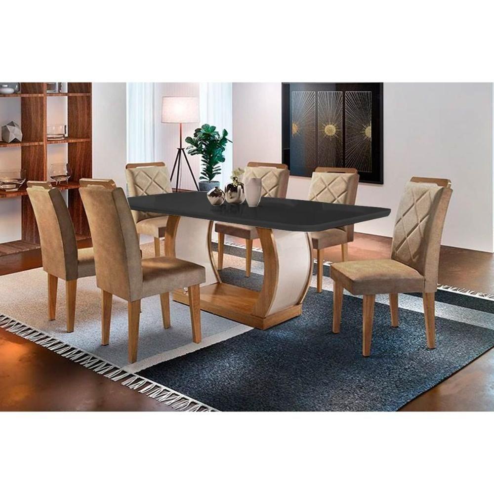 Sala De Jantar Completa Jade Tampo Madeirado C- Vidro Curvo 180x90 E 6 Cadeiras Melissa Imbuia - Veludo Capuccino - Rufato - 1