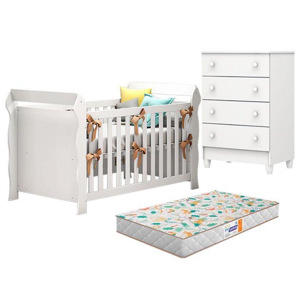 Berço Americano Lara E Cômoda Gaveteiro Mel Flat Branco Brilho Com Colchão Gazin – Carolina - 1
