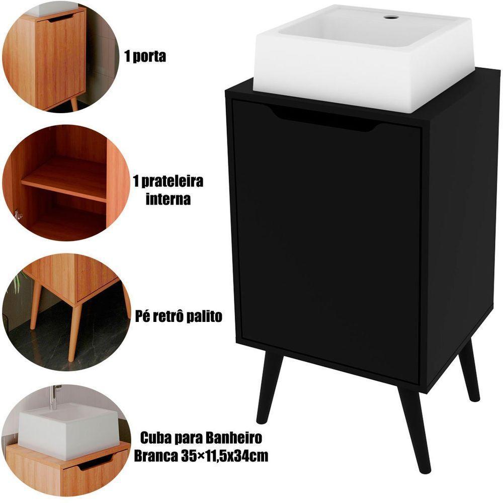 Gabinete Para Banheiro 45 Cm Cuba Quadrada 1 Porta Retrô Preto - 2
