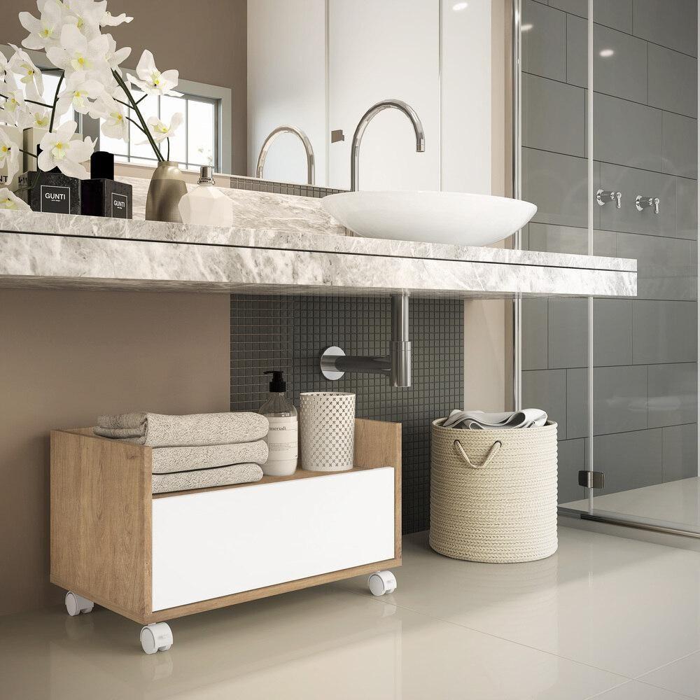 Gabinete Armário Banheiro 80Cm Com Rodízios Multimóveis V5002 Rustic/Branco Rustic/Branco - 2