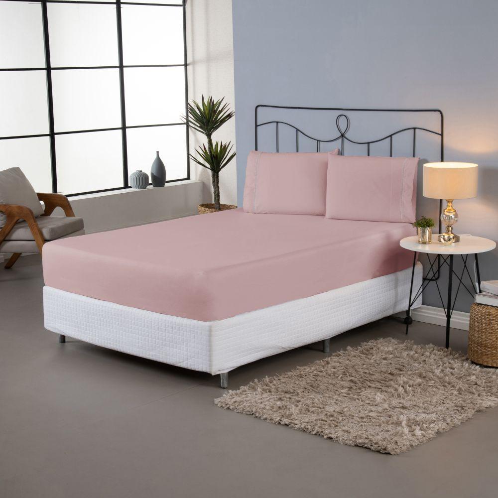 Jogo De Lençol Ponto Palito Simples 3 Peças King 80% Algodão - 20% Poliéster Percal 140 Fios Cor:rosê - 2