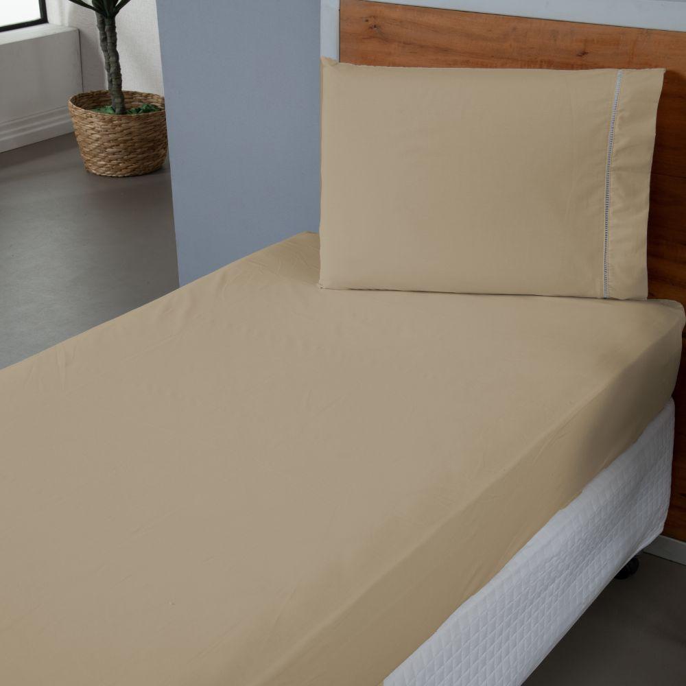 Jogo De Lençol Ponto Palito Simples 2 Peças Solteiro 80% Algodão - 20% Poliéster Percal 140 Fios Cor:cáqui - 3