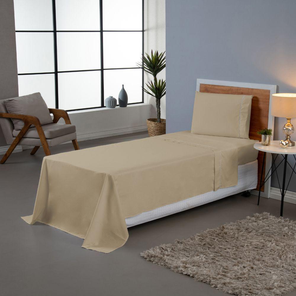 Jogo De Lençol Ponto Palito Completo 3 Peças Solteiro 80% Algodão - 20% Poliéster Percal 140 Fios Cor:cáqui - 2