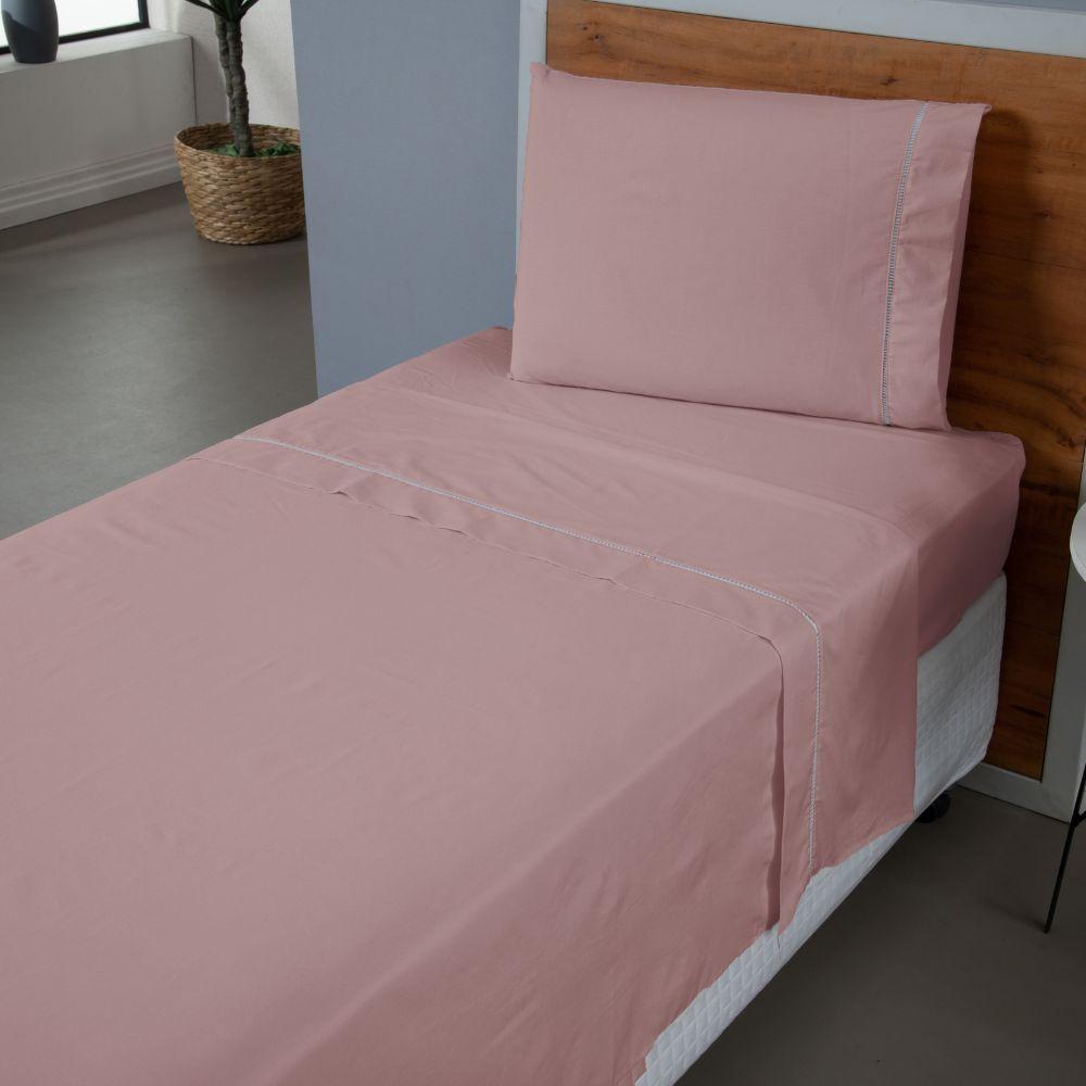 Jogo De Lençol Ponto Palito Completo 3 Peças Solteiro 80% Algodão - 20% Poliéster Percal 140 Fios Cor:rosê - 3