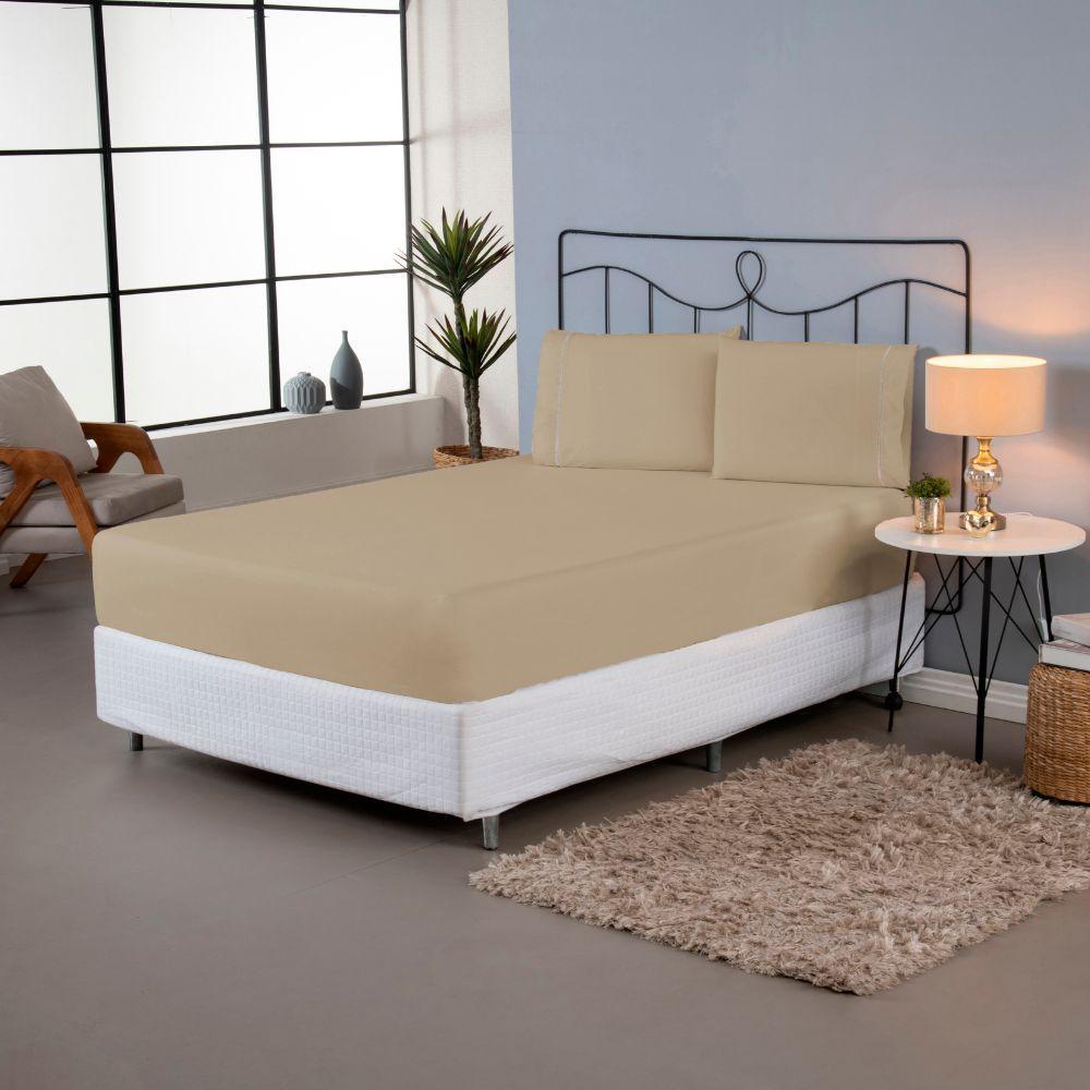 Jogo De Lençol Ponto Palito Simples 3 Peças Casal 80% Algodão - 20% Poliéster Percal 140 Fios Cor:cáqui - 2