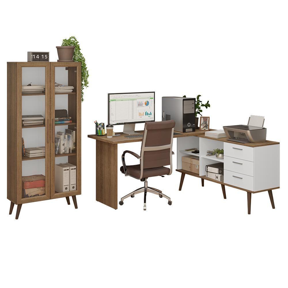 Kit 2 Peças Com Escrivaninha Em L 3 Gavetas E Armário Multiuso Com Vidro Rustic Branco Madesa - 2