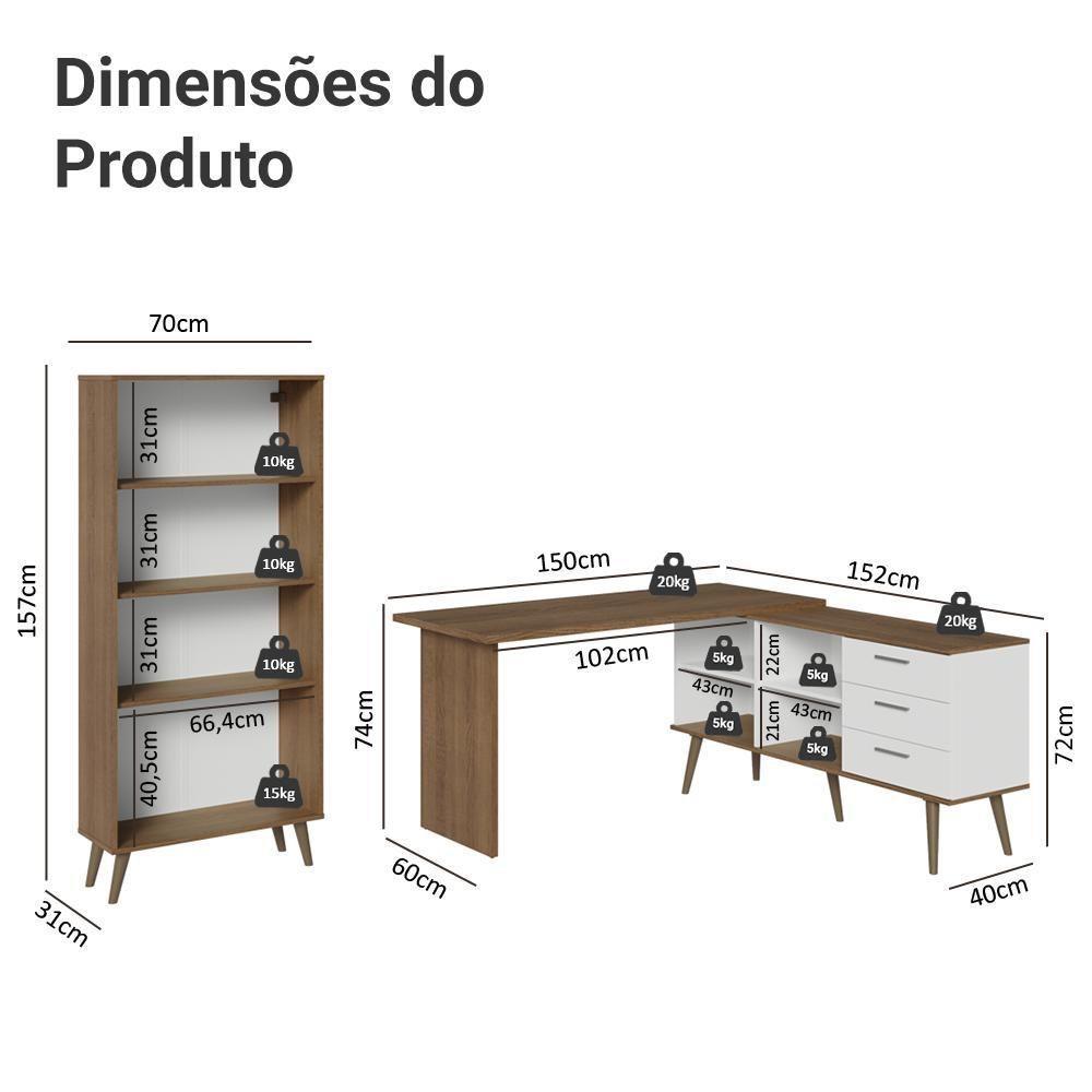 Kit 2 Peças Com Escrivaninha Em L 3 Gavetas E Armário Multiuso Com Vidro Rustic Branco Madesa - 3