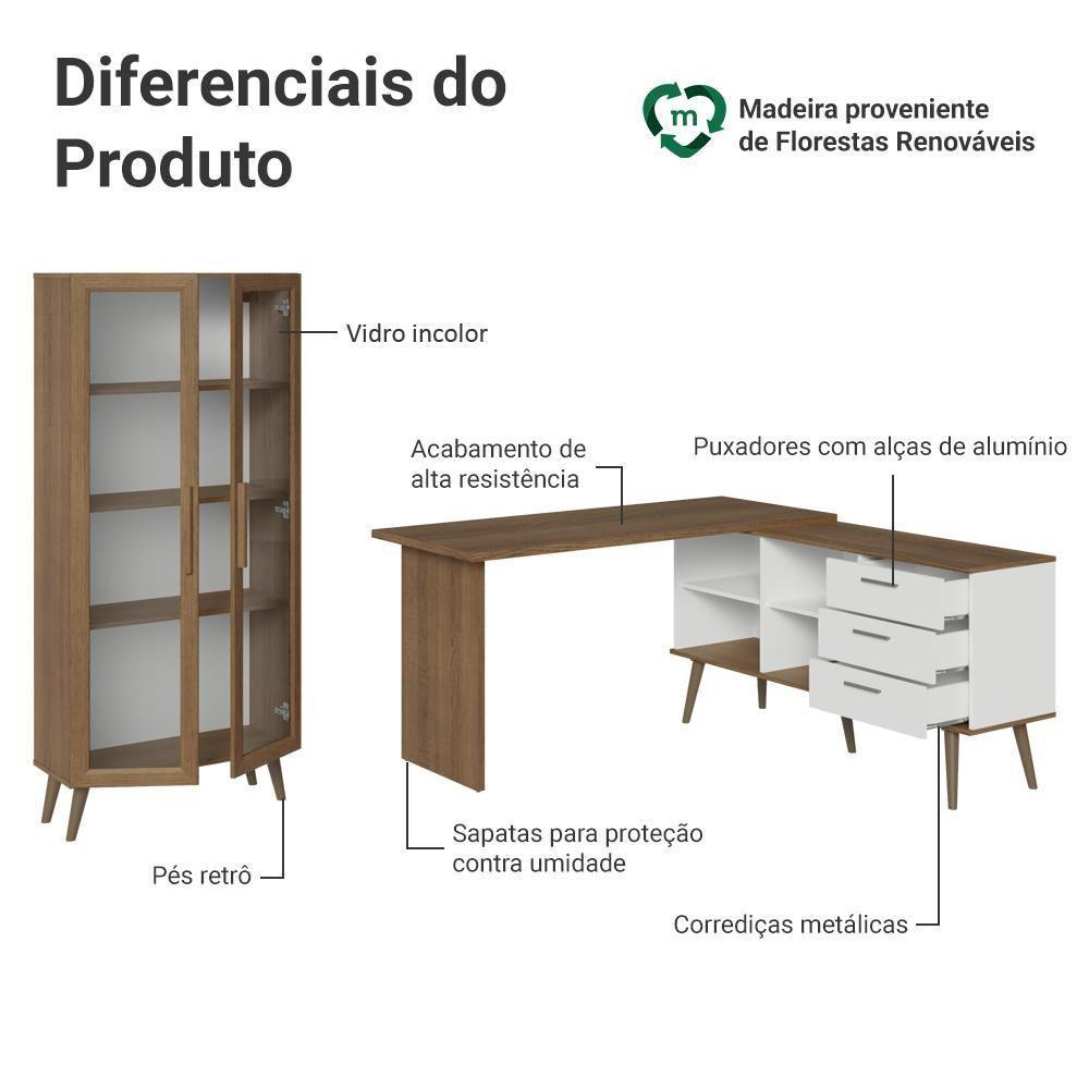 Kit 2 Peças Com Escrivaninha Em L 3 Gavetas E Armário Multiuso Com Vidro Rustic Branco Madesa - 4