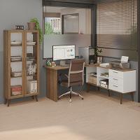 Kit 2 Peças Com Escrivaninha Em L 3 Gavetas E Armário Multiuso Com Vidro Rustic Branco Madesa - 1