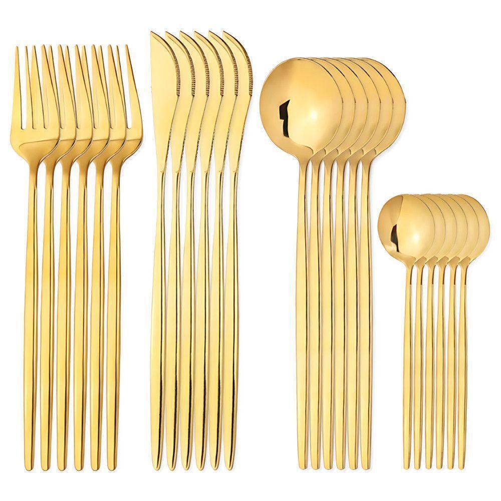 24 Peças Talheres Dourado De Aço Inox Garfo Colher Faca De Mesa Modelos 24 Peças Redondo - 1